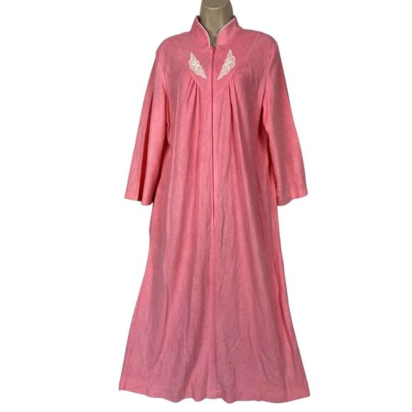 VTG Serenity Zip Robe Womens Large Pink Brushed Acetate Tricot 60s 70s Housecoat - Picture 1 of 13